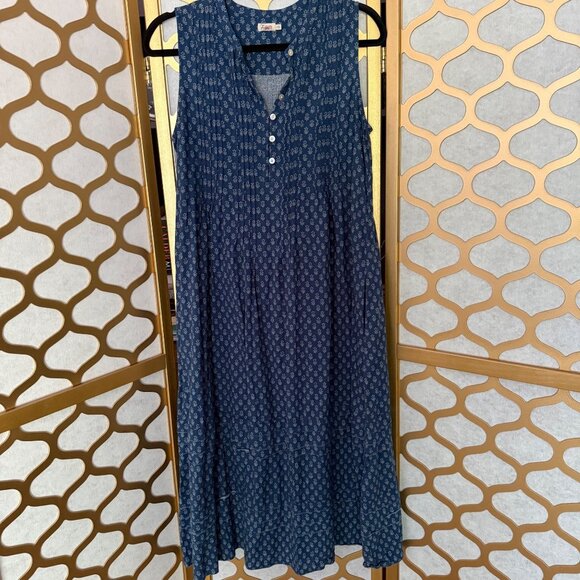 Faherty Size Small Blue Floral Print Linen Blend Sleeveless Pintucked Midi Dress - Picture 3 of 15